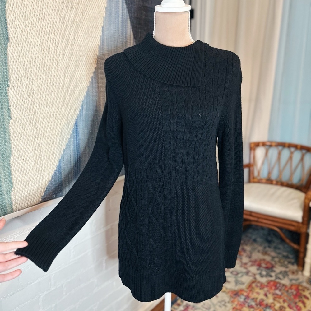Charter Club Black Textile Mixed Design Asymmetrical Turtle Neck Sweater